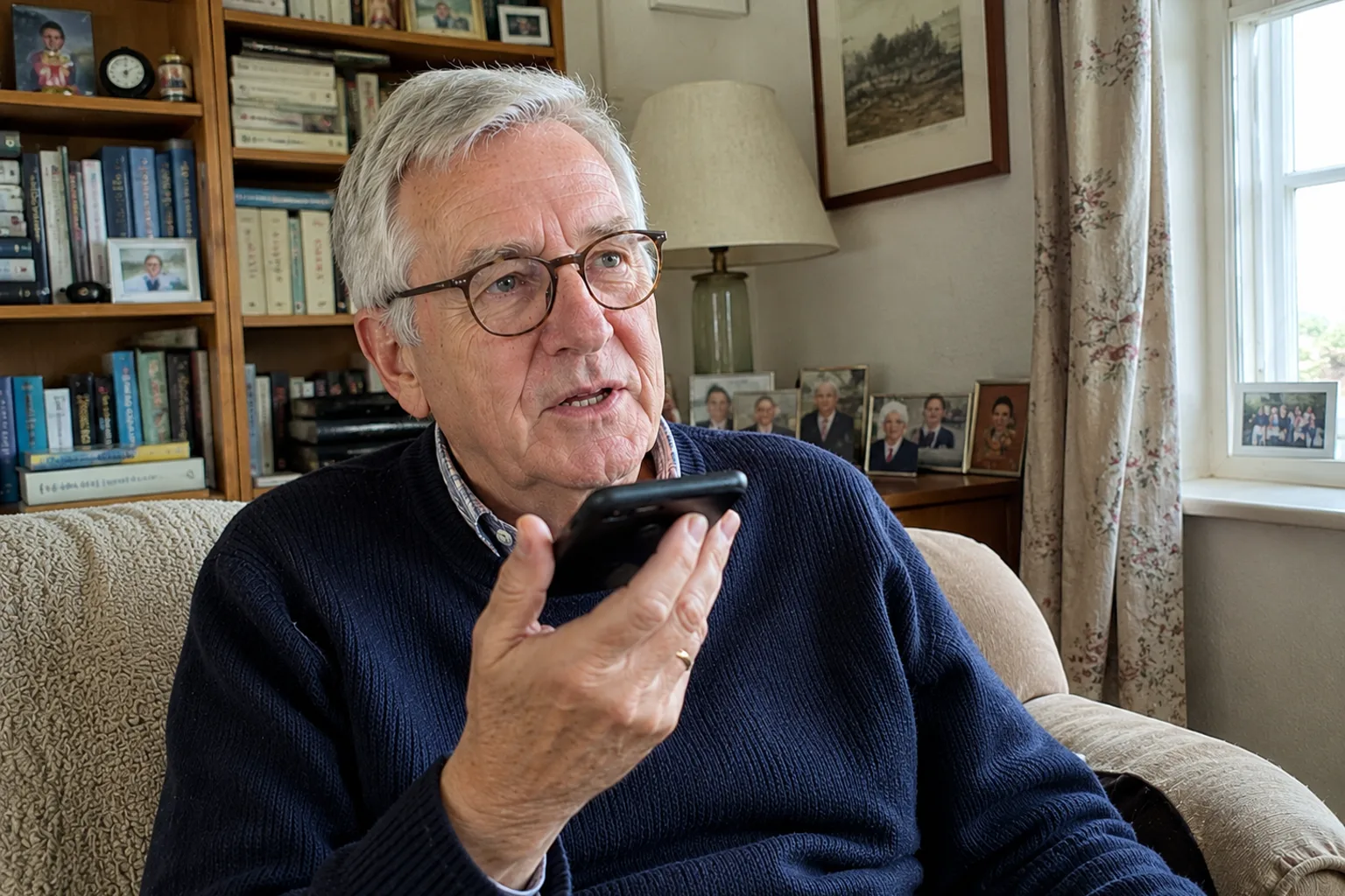 A man speaking his answers into his phone at home