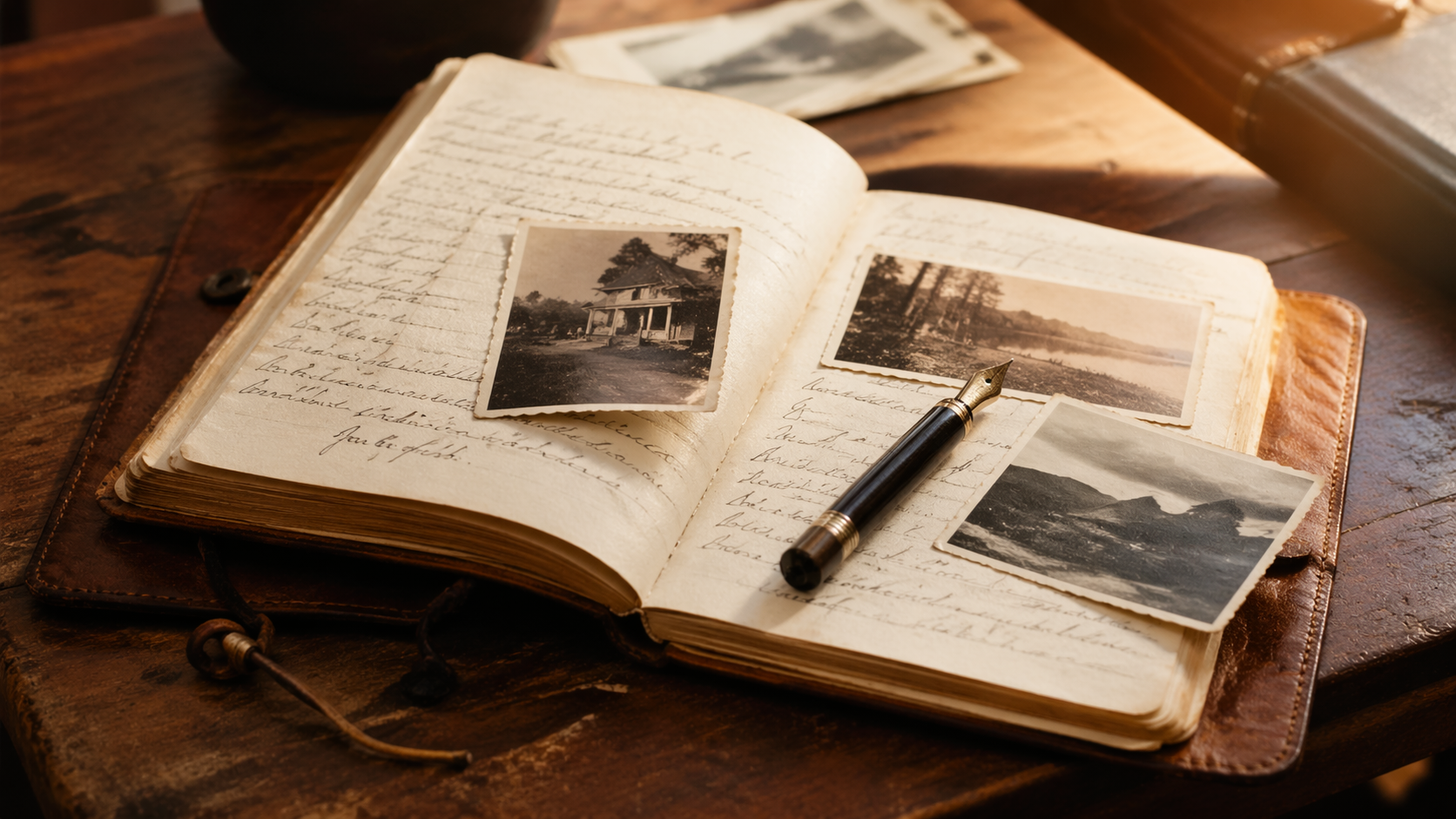 Open worn leather notebook with handwritten notes, old photos tucked between pages, and a fountain pen on a wooden table in warm side light.