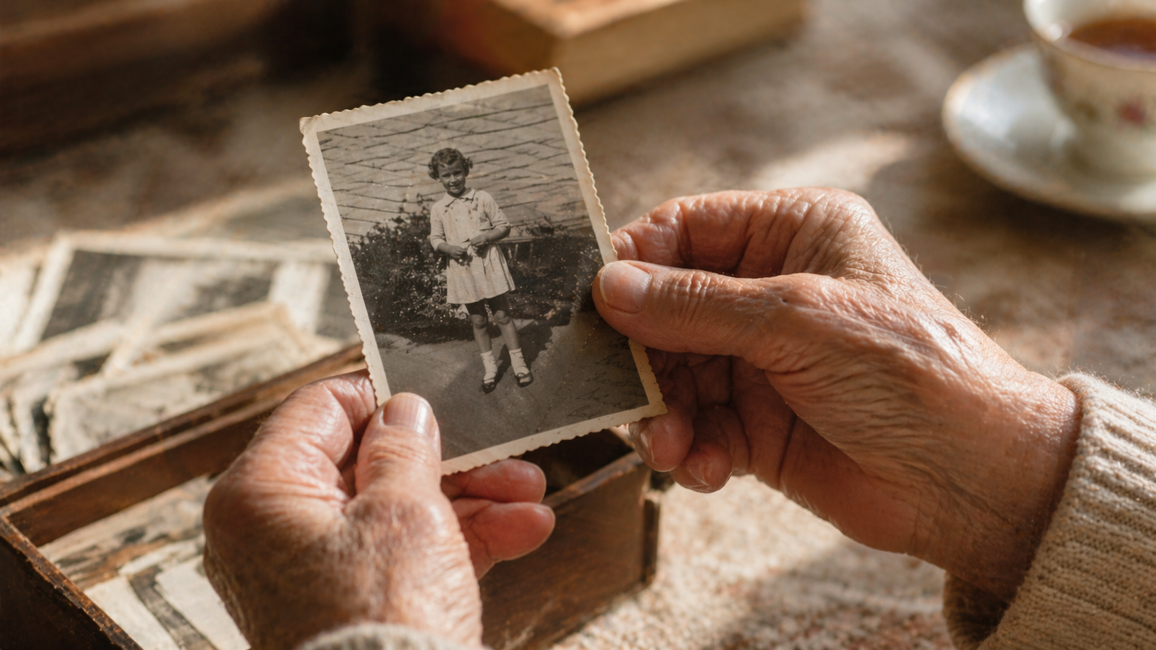 Elderly hands holding a small black-and-white photo of a child, with other old photos blurred in the background.