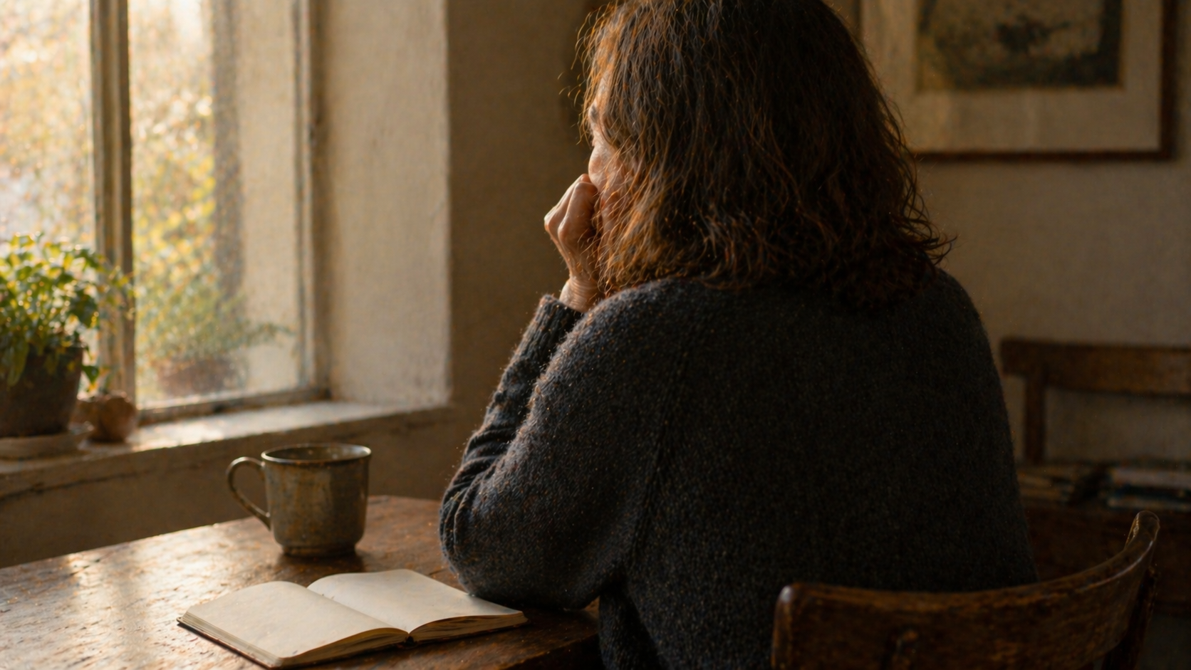 Person seated at a kitchen table looking out of a window, open notebook in front of them, pen untouched.