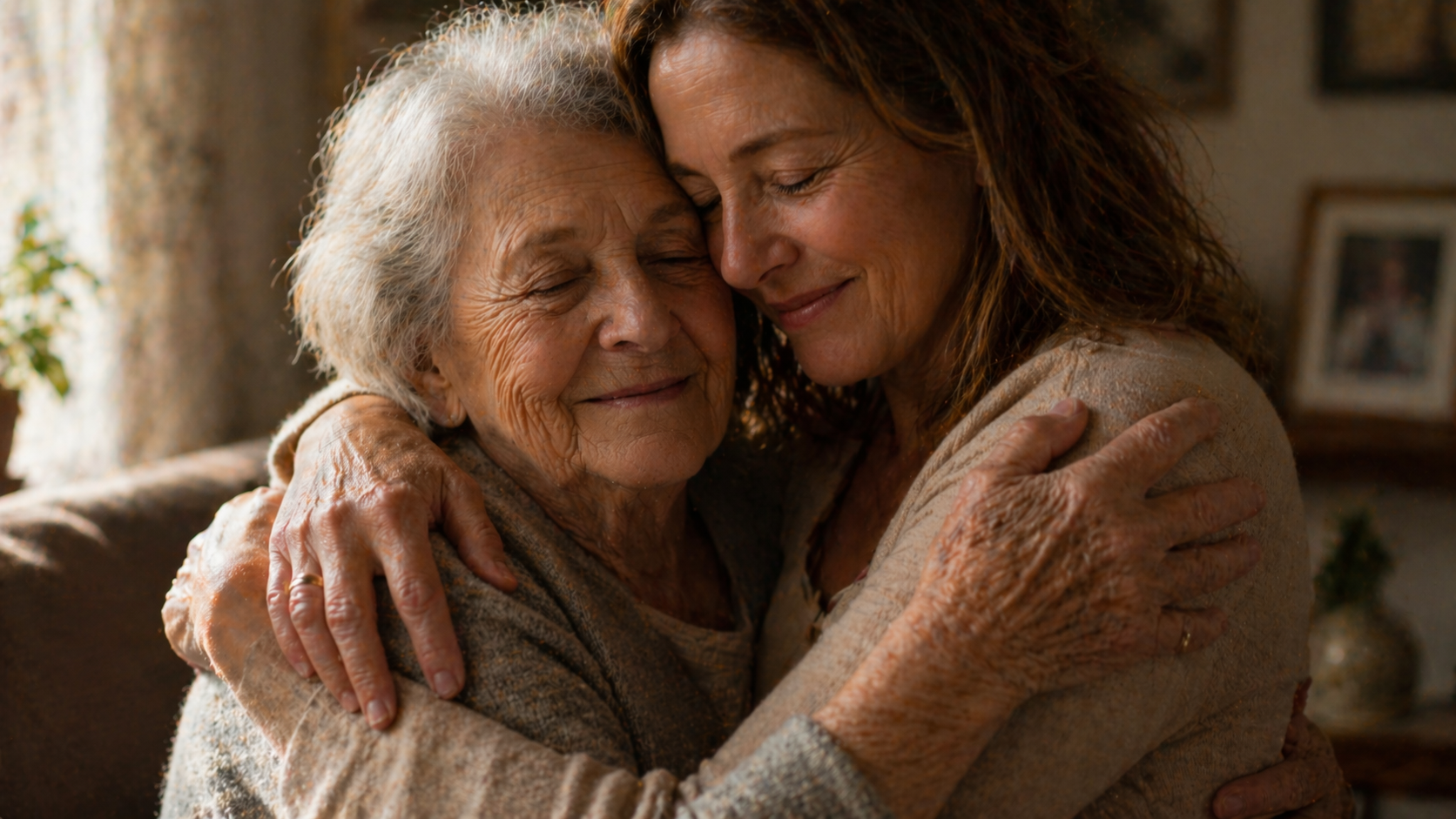 Elderly mother and middle-aged daughter embracing closely in warm natural light, hands visible showing age contrast.