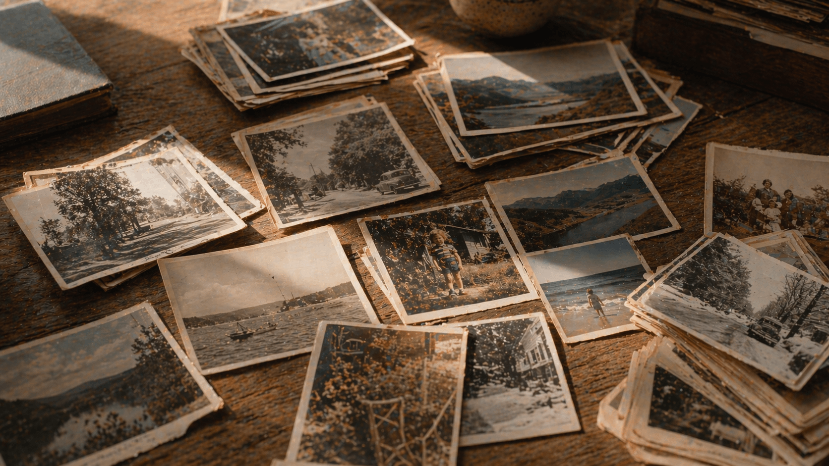 Scattered vintage photographs from different decades spread across a wooden table in warm natural light.