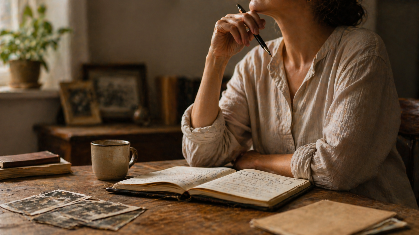 Person seated at a table with an open notebook, holding a pen and looking upward away from the page in mid-thought.