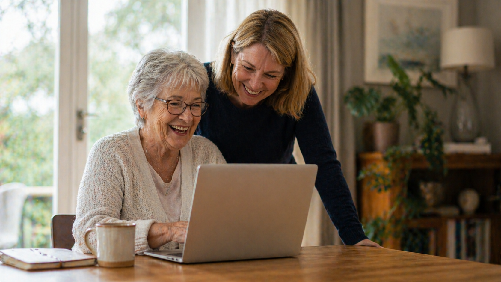 Elderly woman smiling at a laptop while a younger person stands beside her, both looking at the screen.