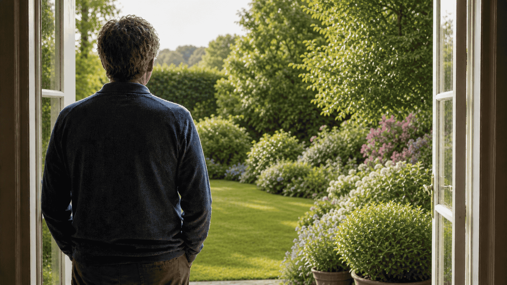 Person in their sixties standing in a doorway, looking out over a garden in warm morning light.