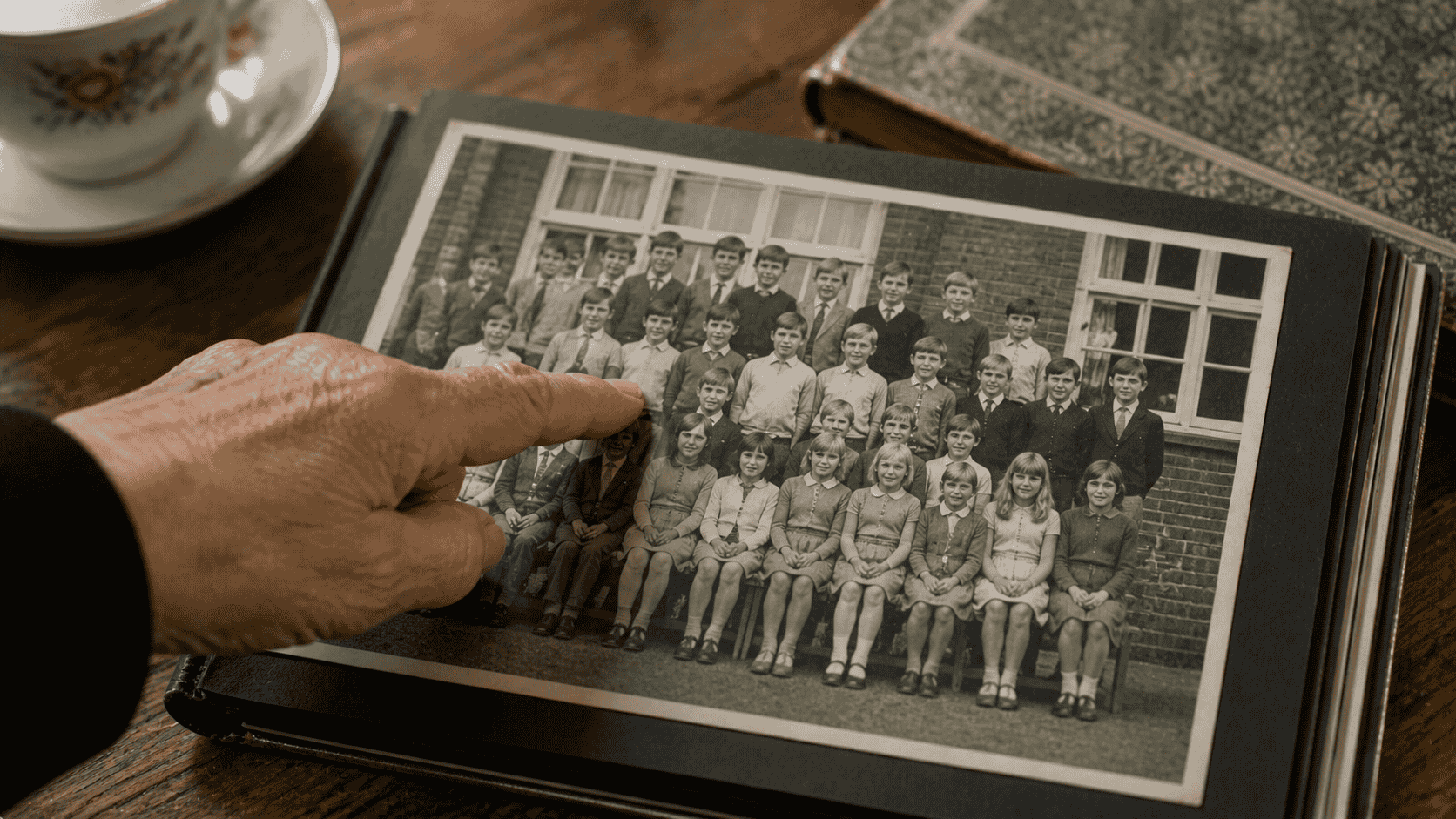 Hand pointing at a child in a black-and-white 1960s school class photograph on a table.
