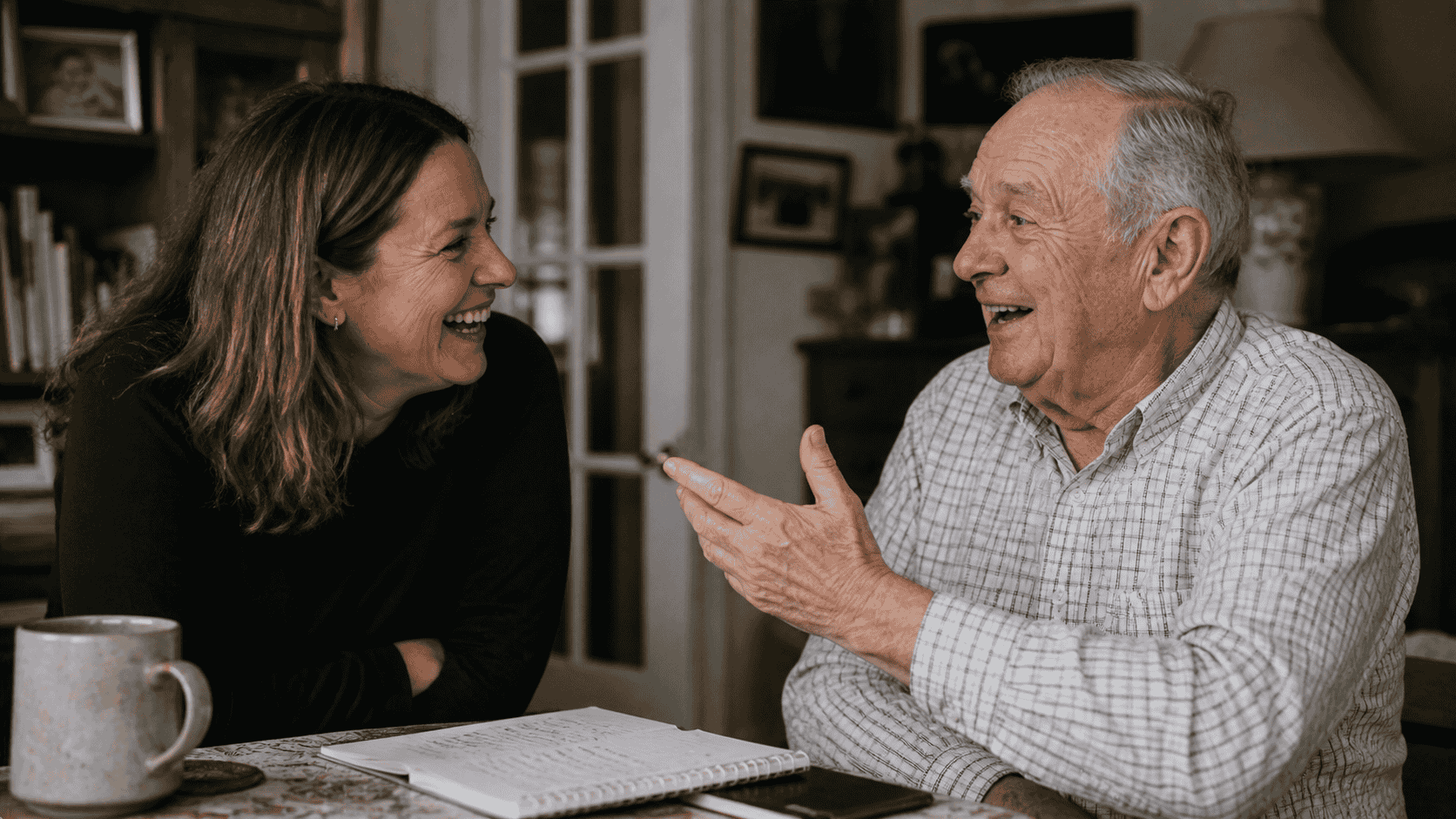 Woman in her forties laughing with her older father while holding a notebook during a relaxed conversation.