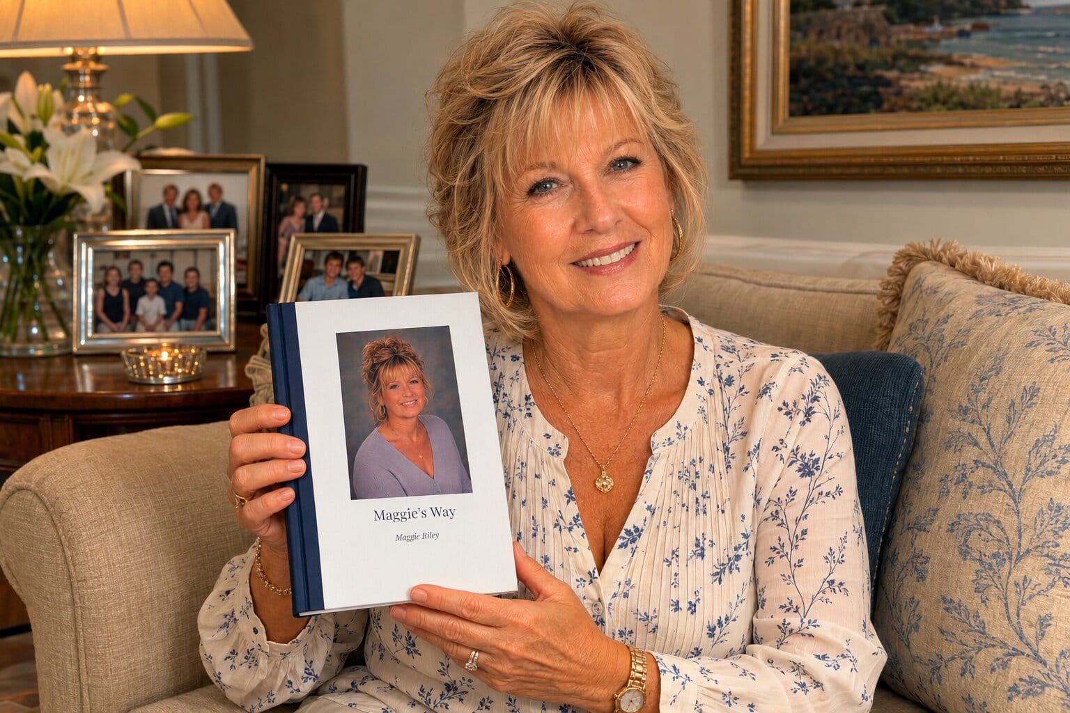 A smiling woman holding her finished Biography Studio hardback life story book