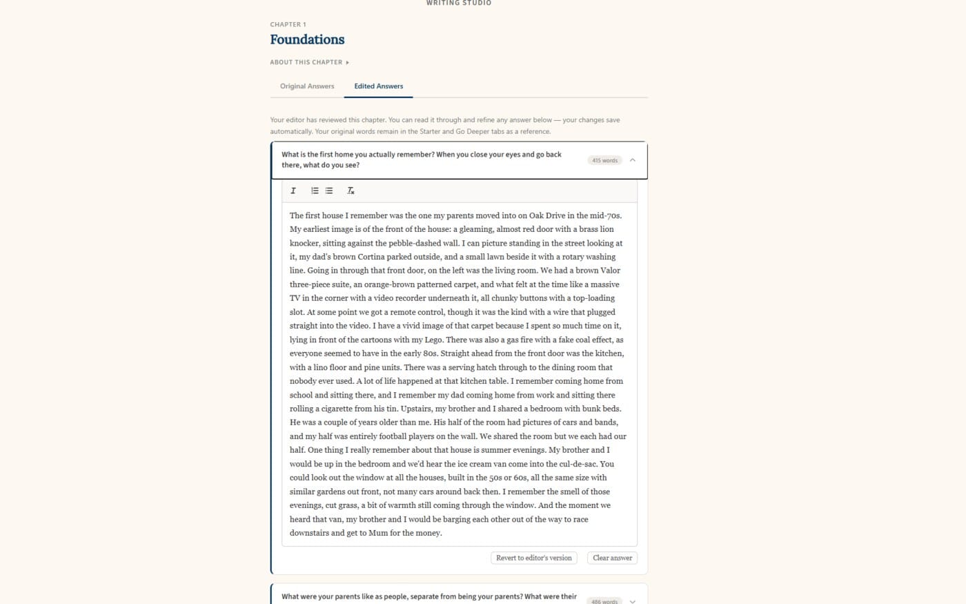 A polished chapter in the Writing Studio, with original and edited answers available side by side.