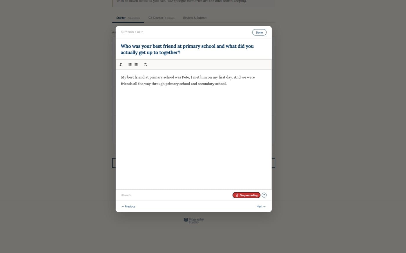 Answering a question in the Writing Studio by voice, with the words appearing on the page as you speak.