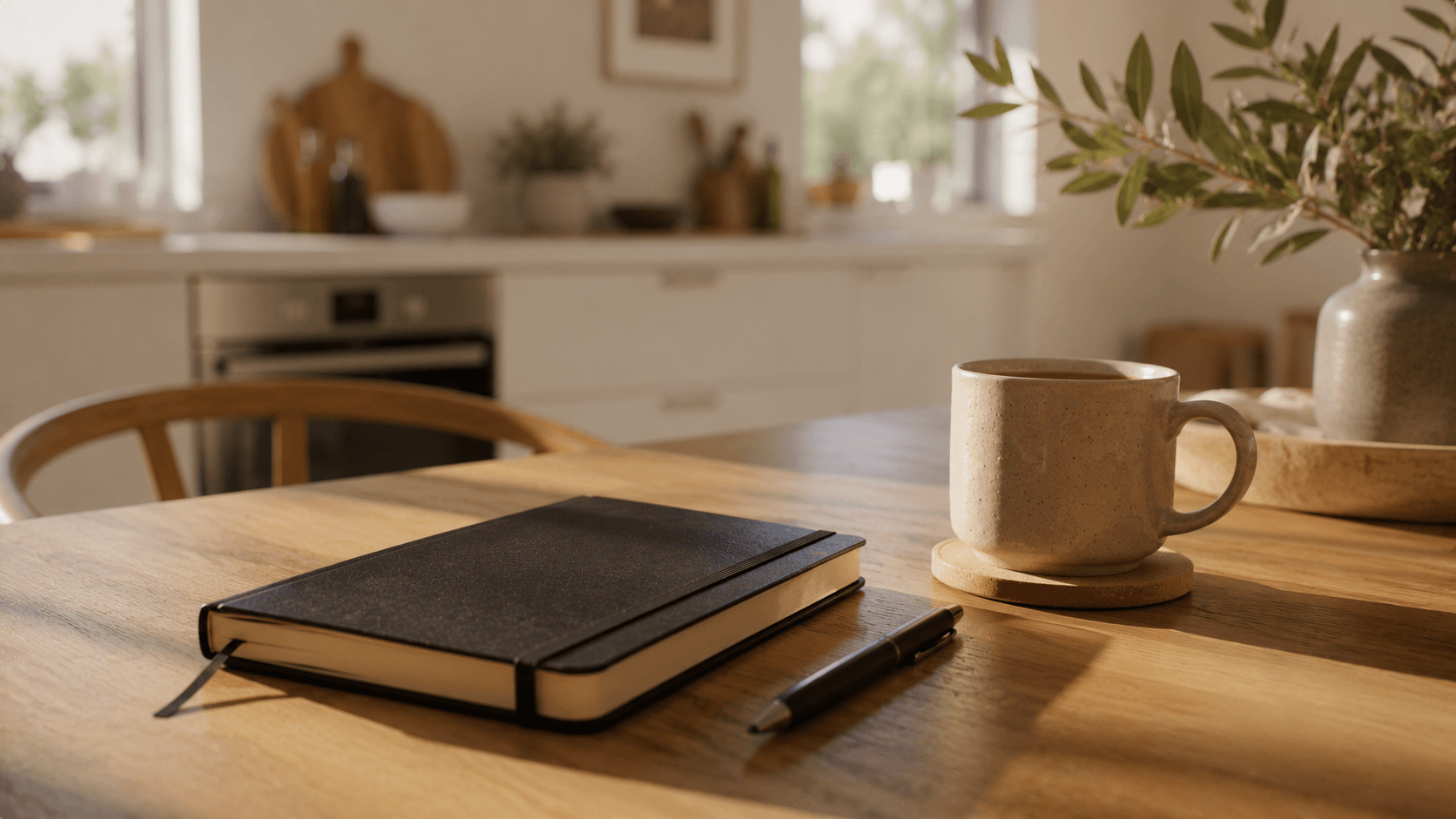 Notebook and pen on a wooden kitchen table beside a mug of tea in a bright modern kitchen.