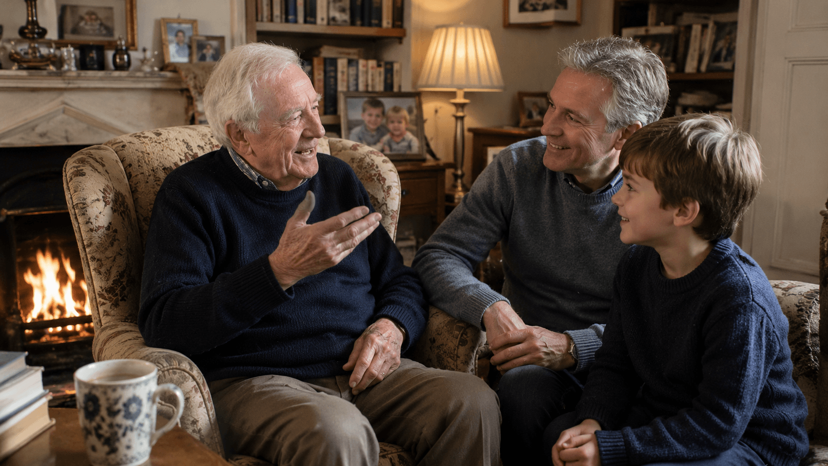 Older man telling a story in an armchair while his adult son and young grandson listen and smile in a cosy living room.